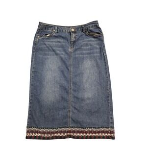 Christopher & Banks Denim Midi Skirt Size 12 Blue Embroidered Hem Boho Straight